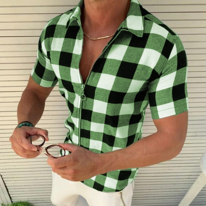 Plaid Zipper Men Short Sleeve Summer Shirt