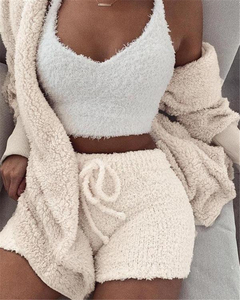 Three Piece Crop Top Drawstring Women Shorts Set