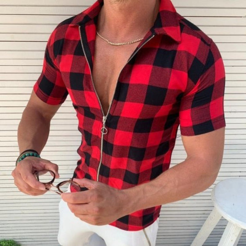 Plaid Zipper Men Short Sleeve Summer Shirt