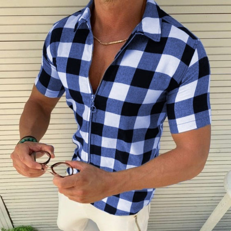 Plaid Zipper Men Short Sleeve Summer Shirt