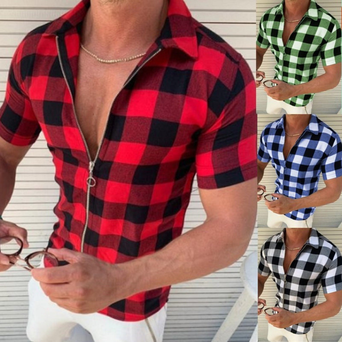 Plaid Zipper Men Short Sleeve Summer Shirt