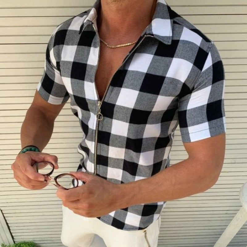Plaid Zipper Men Short Sleeve Summer Shirt
